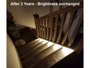 High quality LED Strip on stair case after 3 years - very little change to brightness